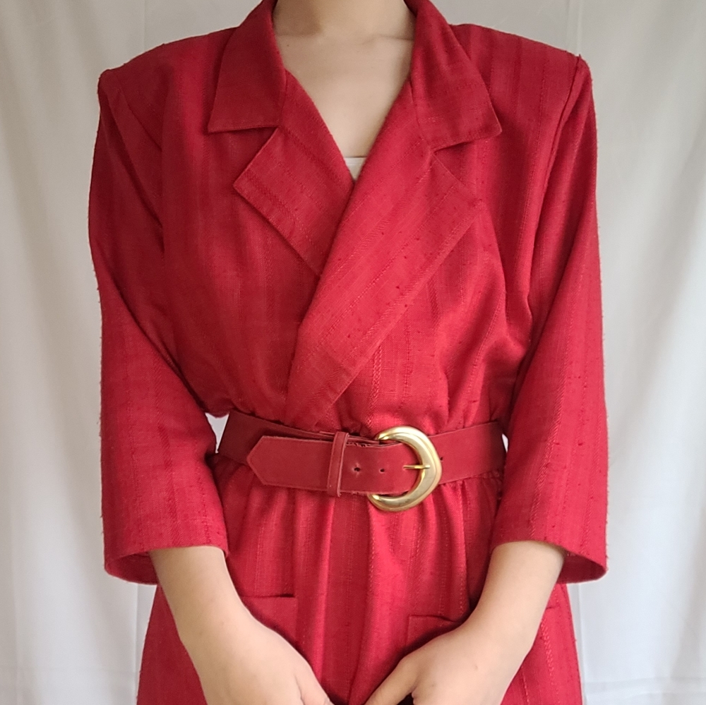 Vintage Red Belted Secretary Midi Dress - Picture 3 of 13